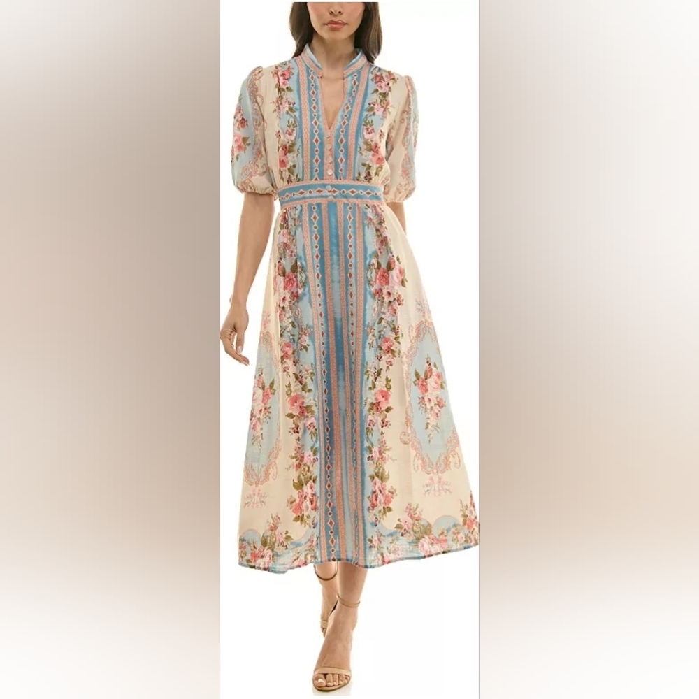 Women's Maison Tara Border Print Linen Midi Dress Size 6